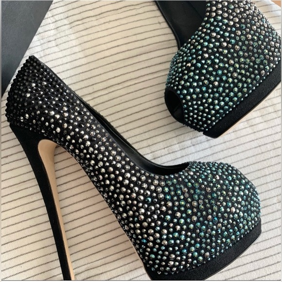 NWT Giuseppe Zanotti Sharon Crystal Embellished Peep Toe Heels Black - Picture 2 of 5